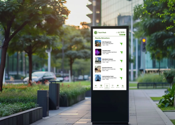 Outdoor digital directory standee in urban plaza